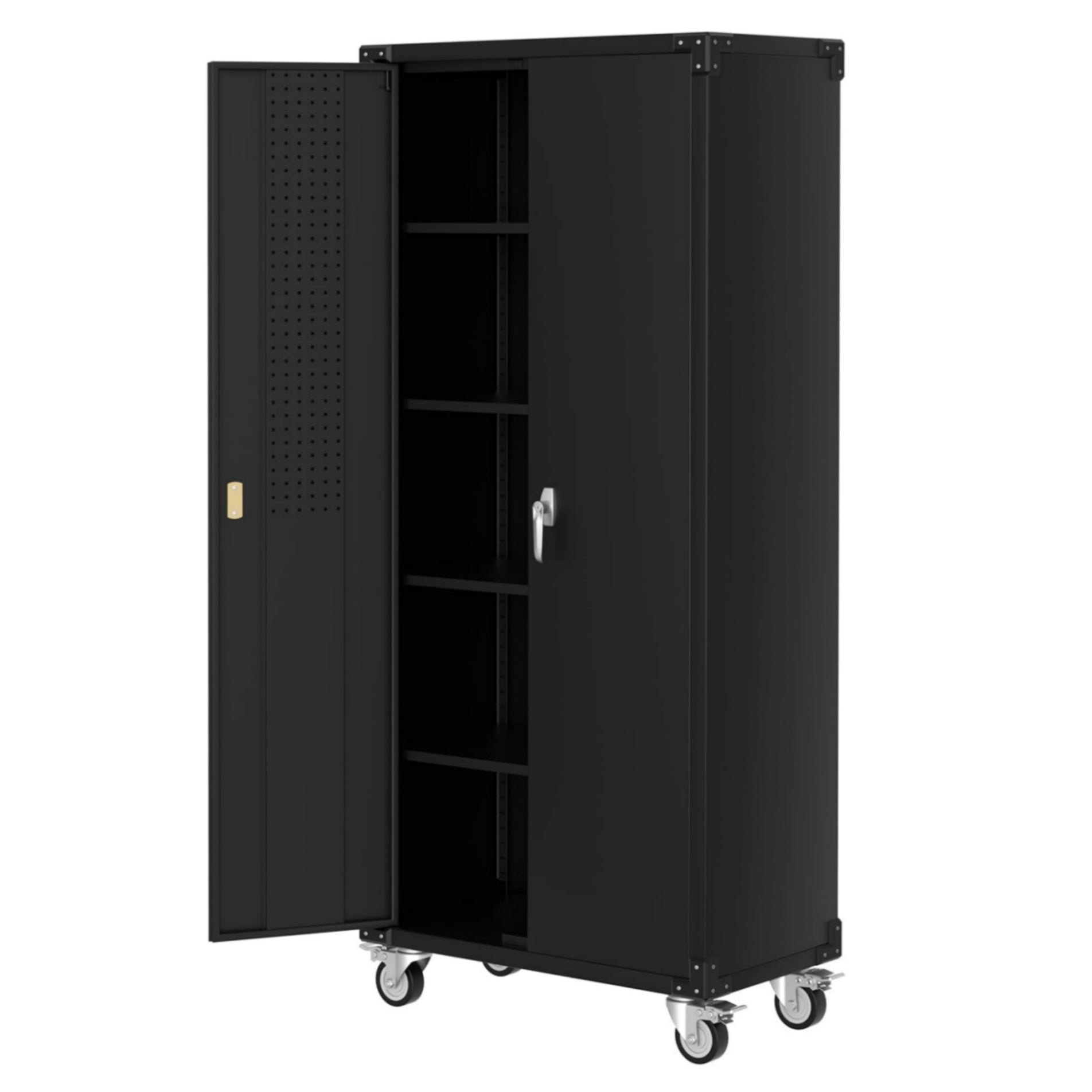 Garvee 72" Locking Rolling Cabinet with Pegboard Doors, 4 Adjustable Shelves, Heavy-Duty Cold-Rolled Steel, Lockable Wheels, Scratch-Resistant, Garage Workshop Storage, Black