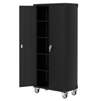 Garvee 72" Locking Rolling Cabinet with Pegboard Doors, 4 Adjustable Shelves, Heavy-Duty Cold-Rolled Steel, Lockable Wheels, Scratch-Resistant, Garage Workshop Storage, Black