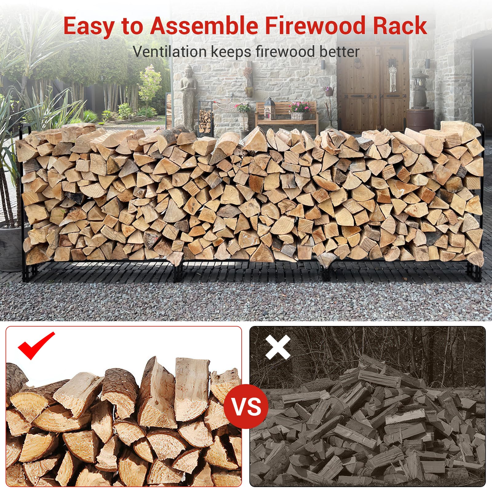 Garvee 12.5FT Outdoor Firewood Rack with Waterproof Cover – Heavy Duty 3/4 Cord Log Holder for Fireplace, Patio & Indoor/Outdoor Storage (150"x47"x14")