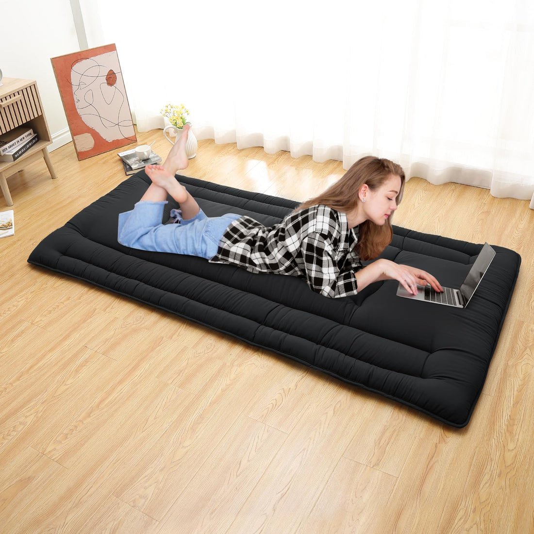 Garvee Futon Mattress Twin Size, Japanese Floor Mattress Foldable Sleeping Mattress, Roll Up Floor Bed Mattress for Easy Storage, Tatami Mat Japanese Floor Bed for Dorm Camping, Black