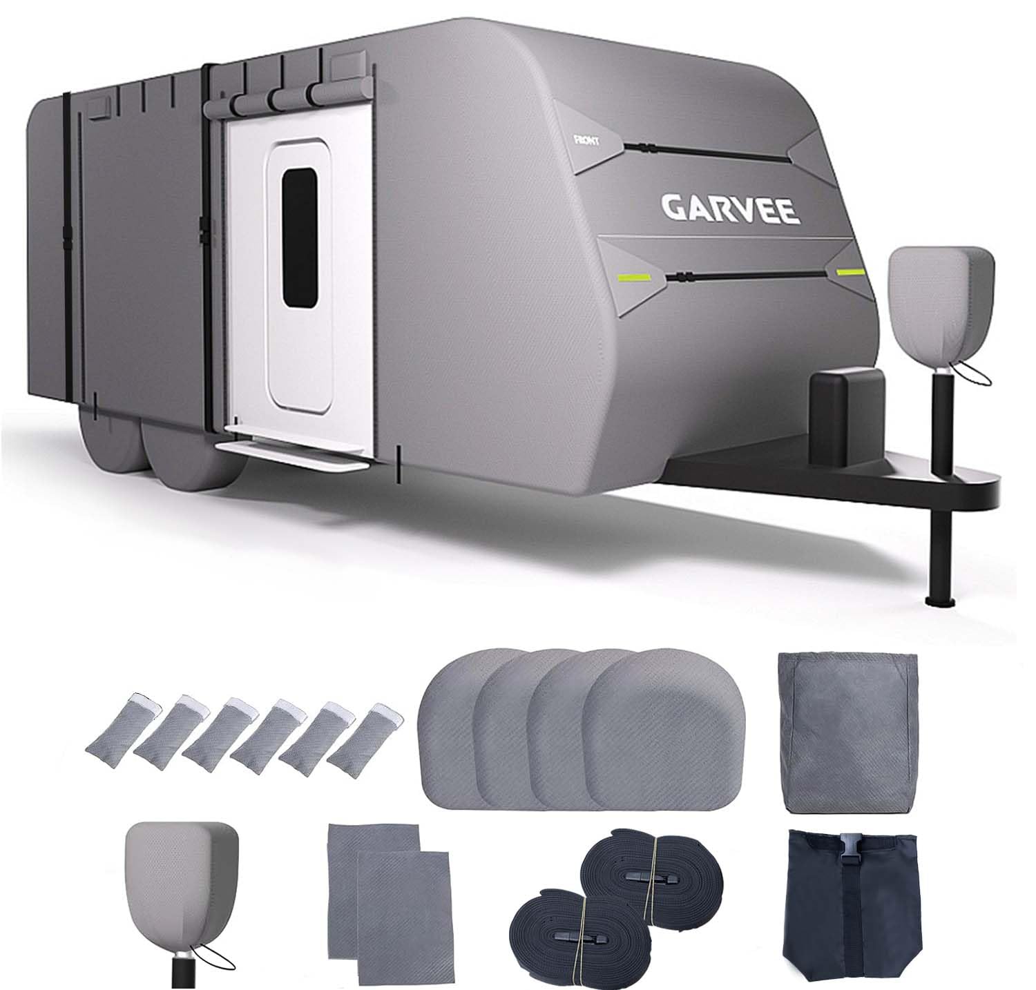 Garvee RV Cover, 27-30FT Travel Trailer Cover, Anti-UV and Waterproof with Windproof Straps, Tire Covers, Gutter & Tongue Jack Covers, and Adhesive Repair Patches for Motorhomes