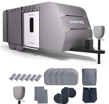 Garvee RV Cover, 27-30FT Travel Trailer Cover, Anti-UV and Waterproof with Windproof Straps, Tire Covers, Gutter & Tongue Jack Covers, and Adhesive Repair Patches for Motorhomes