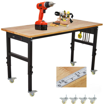 Garvee 60'' Adjustable Workbench with Power Outlet, Heavy Duty Rubber Wood Work Table, 29"-40" Height Adjustable, Rolling Mobile Workbench for Garage Workshop Home Office