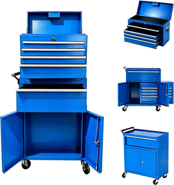 Garvee 20 Inch Heavy-Duty Tool Chest with 5 Drawers, Rolling Tool Box Cabinet on Wheels, 2-in-1 Detachable Tool Storage Organizer for Garage, Workshop, and Home Improvement, Locking Steel Tool Cart with Top Tool Box, Blue