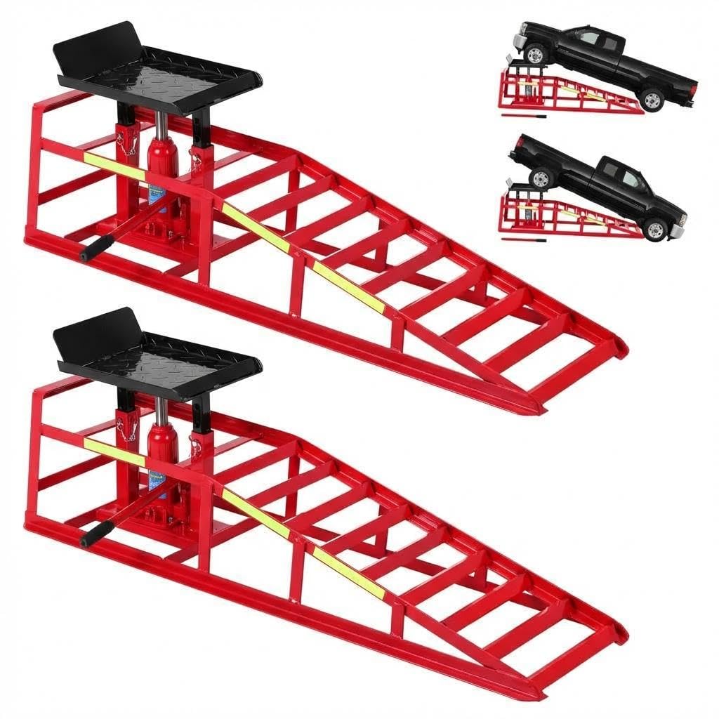 Garvee 5-Ton Hydraulic Car Ramps - Heavy-Duty Vehicle Lift with Reflective Strips for Night Use, Adjustable Height from 9.8" to 15", Portable Auto Service Ramps for Oil Changes and Truck Maintenance in Garage