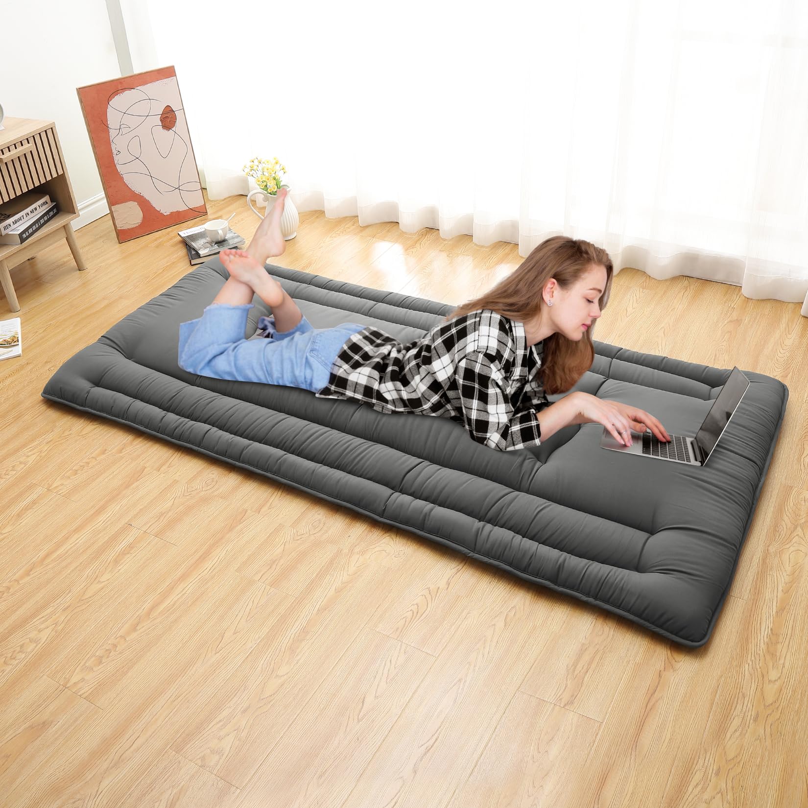 Garvee Futon Mattress Twin Size, Japanese Floor Mattress Foldable Tatami Mat, Roll Up Floor Bed Mattress Kids Floor Play Mat, Japanese Floor Bed for Dorm House Guest, Dark Grey