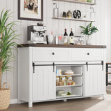 Garvee Farmhouse Buffet Cabinet, Kitchen Sideboard with Sliding Barn Doors, 5 Drawers, Wooden Storage Cabinet, Coffee Bar Station for Kitchen, Living Room, Dining Room, White - White