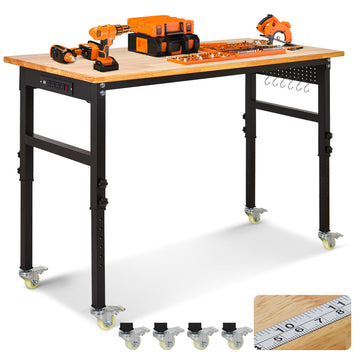Garvee 70"x 21" Adjustable Workbench with Power Outlet, 29.5" - 39.4" Adjustable Height Garage Workbench with Rulers, Pegboard, Hooks, Wheels, 2000 Lbs Load Capacity for Workshop, Office, Garage, Home