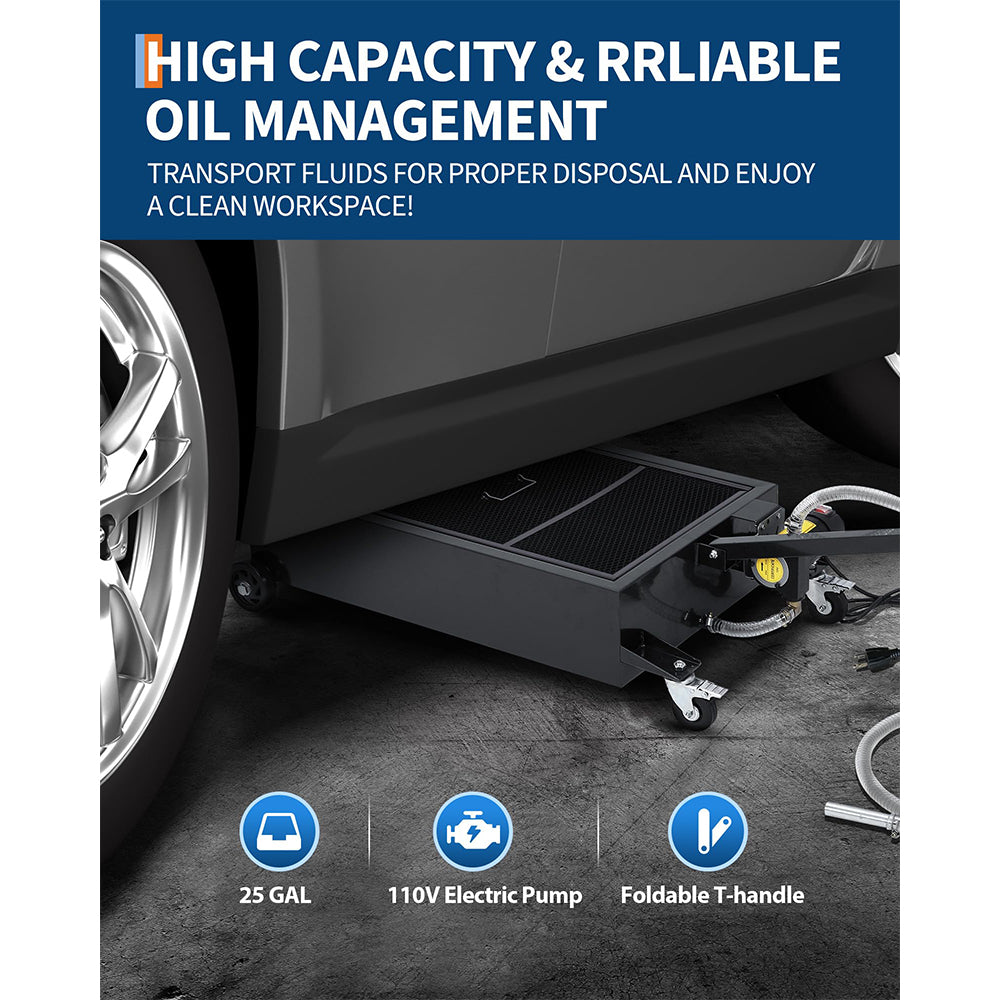 Garvee 25 Gallon Oil Drain Pan with 110V Electric Pump, 8FT Hose, Folding Handle, Carbon Steel, Wheels, for Cars, SUVs, Trucks, Buses, RVs