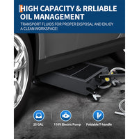 Garvee 25 Gallon Oil Drain Pan with 110V Electric Pump, 8FT Hose, Folding Handle, Carbon Steel, Wheels, for Cars, SUVs, Trucks, Buses, RVs