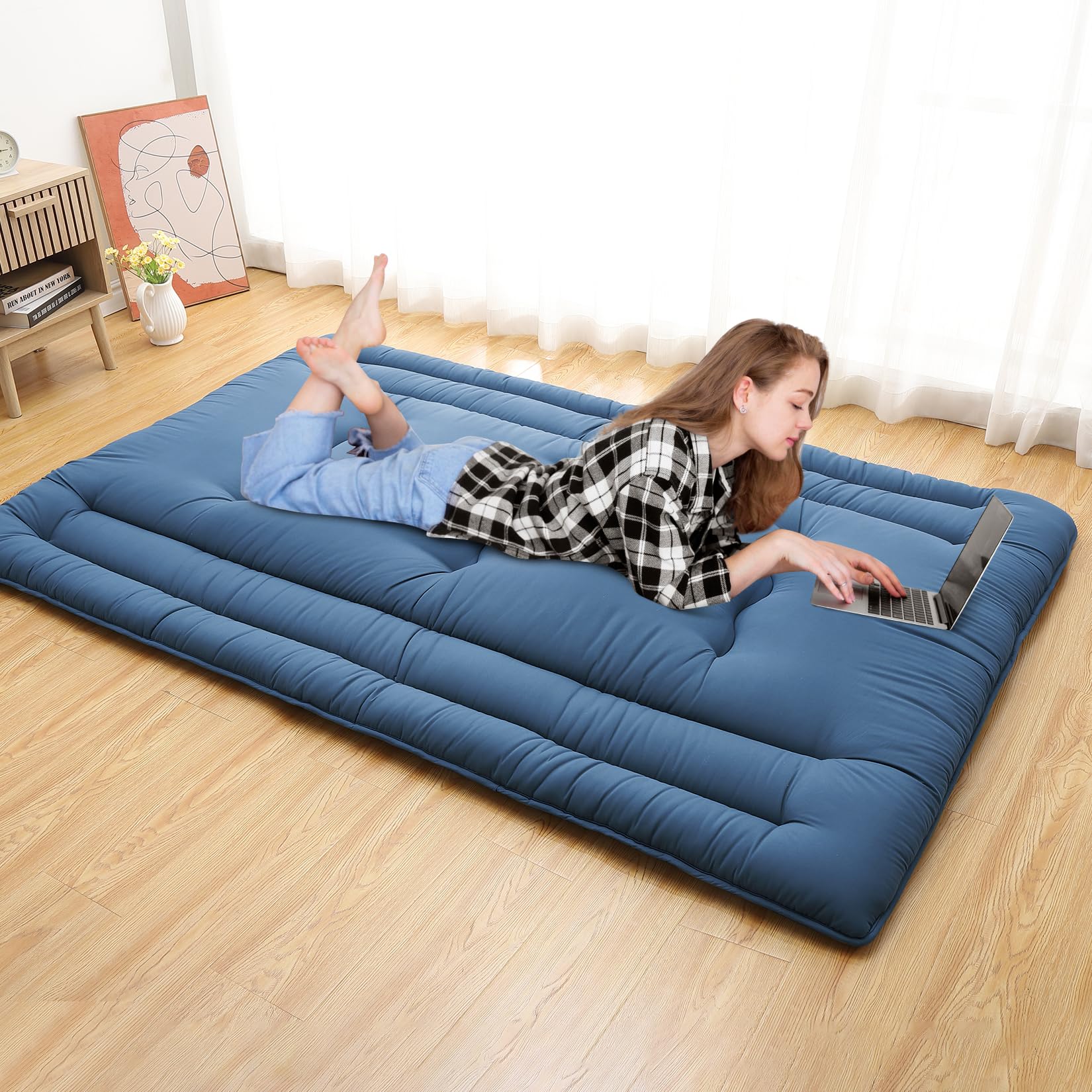 Garvee Futon Mattress Japanese Floor Mattress Full Size, Roll Up Sleeping Mattress for Floor, Japanese Style Floor Bed Foldable Floor Mattress Tatami Mat for Camping Travel, Navy Blue