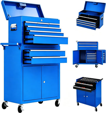 Garvee 8-Drawer Rolling Tool Chest 2-in-1 High Capacity Tool Storage with Locking System Wheels and Liners for Garage Workshop, Blue
