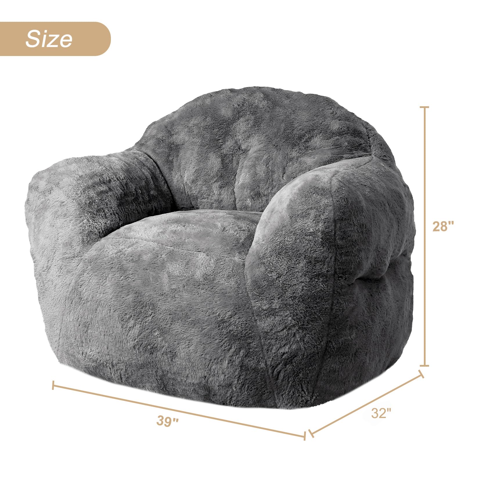Garvee Giant Bean Bag Chair Sofa + High-Density Foam + Ergonomic Design + Super Soft Faux Fur + Non-Slip Underside + Armrests + Living Room, Bedroom