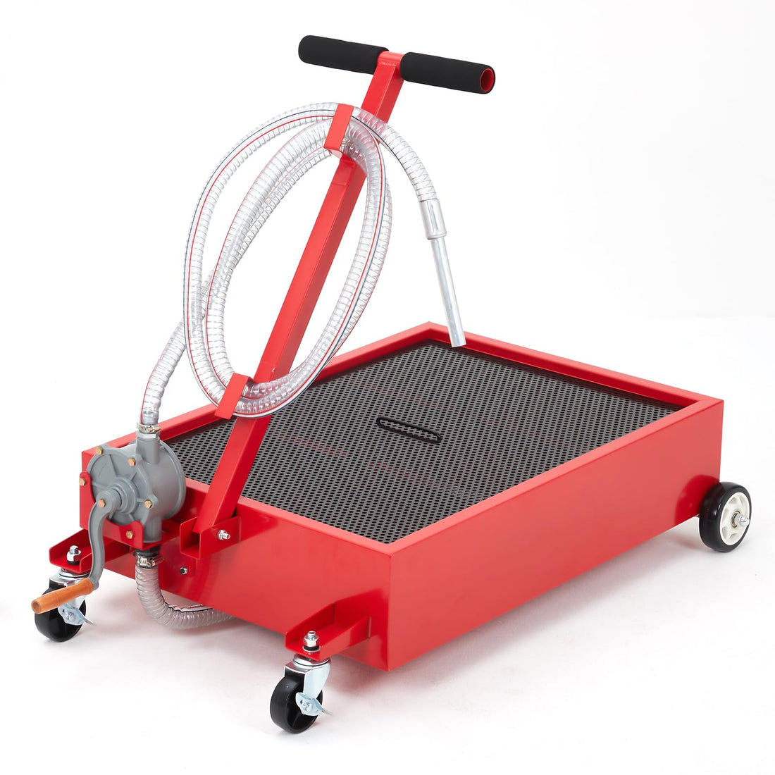 Garvee 15 Gallon Oil Drain Pan, 57L Low Profile Tank with 8FT Hose, Pump, Swivel Casters, Foldable Handle, for Car, SUV, Truck Oil Change, Red
