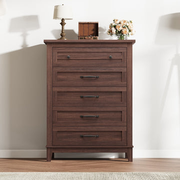 Garvee 5 Dresser for Bedroom, 41" Tall Dresser, Vertical Drawer Dresser with Storage Freestanding, Wooden Closet Dresser Storage Dresser Chest for Living Room, Bedroom, Entryway, Walnut