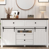 Garvee Farmhouse Buffet Cabinet, Kitchen Sideboard with Sliding Barn Doors, 5 Drawers, Wooden Storage Cabinet, Coffee Bar Station for Kitchen, Living Room, Dining Room, White - White(15 top plate)