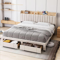 Garvee King Size Bed Frame with Storage Headboard and Charging Station, Upholstered Platform Bed Frame with Drawer, Mattress Foundation with Solid Wooden Slats Support, No Box Spring Needed, Beige