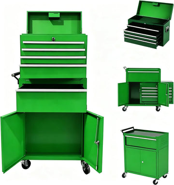 Garvee 20 Inch Heavy-Duty Tool Chest with 5 Drawers, Rolling Tool Box Cabinet on Wheels, 2-in-1 Detachable Tool Storage Organizer for Garage, Workshop, and Home Improvement, Locking Steel Tool Cart with Top Tool Box, Green