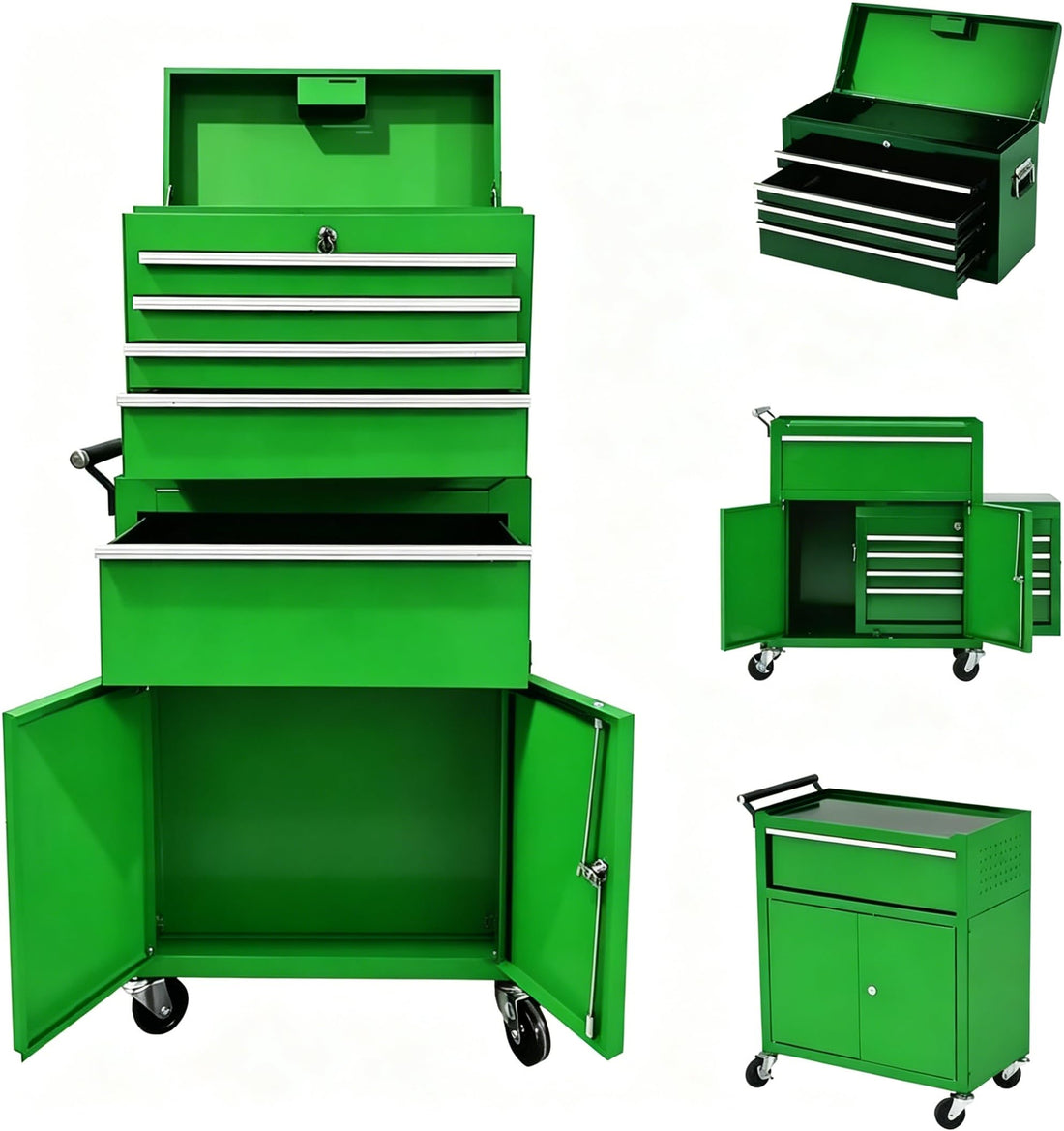 Garvee 20 Inch Heavy-Duty Tool Chest with 5 Drawers, Rolling Tool Box Cabinet on Wheels, 2-in-1 Detachable Tool Storage Organizer for Garage, Workshop, and Home Improvement, Locking Steel Tool Cart with Top Tool Box, Green