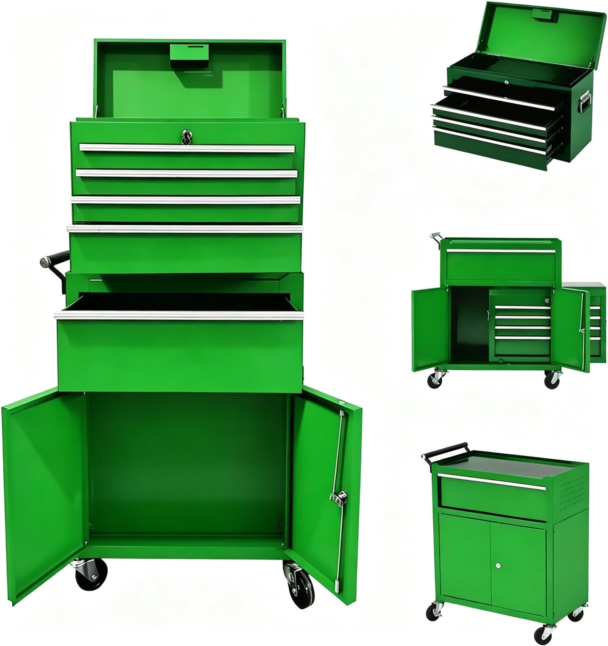 Garvee 20 Inch Heavy-Duty Tool Chest with 5 Drawers, Rolling Tool Box Cabinet on Wheels, 2-in-1 Detachable Tool Storage Organizer for Garage, Workshop, and Home Improvement, Locking Steel Tool Cart with Top Tool Box, Green