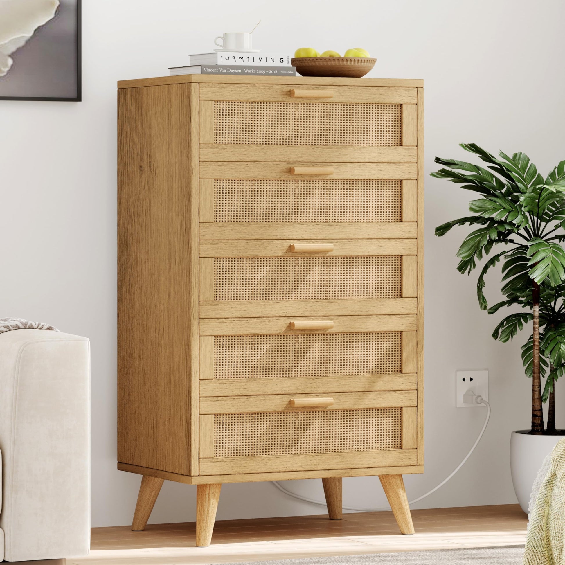 Garvee 5 Drawer Dresser for Bedroom, Rattan Chest of Drawers with Deep Drawers, Large Modern Double Dresser for Closet with Wide Top, Horizontal Wooden Dresser for Living Room, Hallway, Kids Room, Natural
