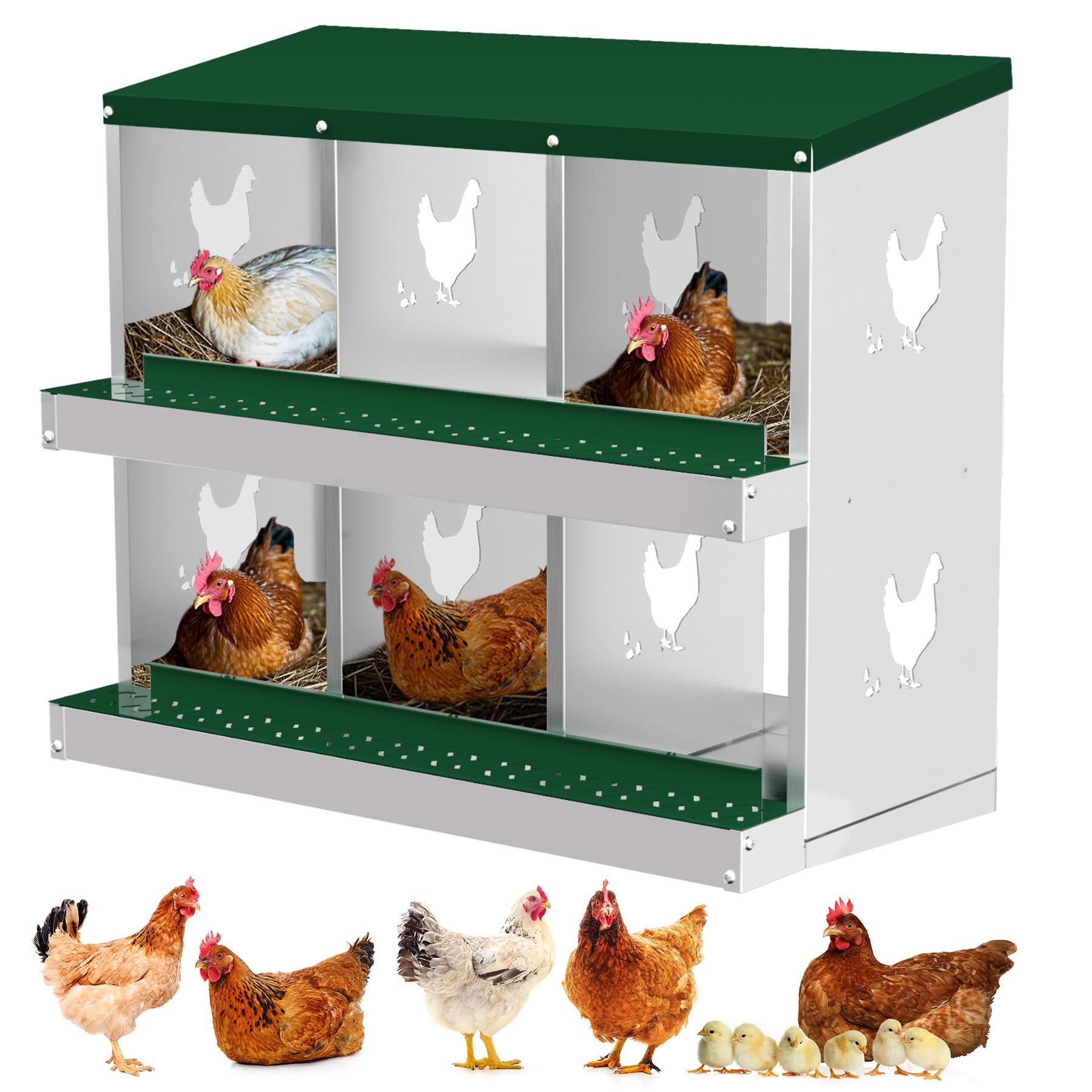Garvee 6 Compartments Metal Chicken Nesting Boxes, Nesting Boxes, Chicken Laying Box with Roll Out Egg Collection with Vented Holes, Green