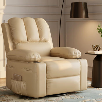 Garvee Oversized 27" Recliner Chairs with Heat and Massage, 360° Swivel Lazy Boy Recliner Chair for Adults, Manual Rocking Chair with Cup Holder for Living Rooms, Bedrooms and Nurseries, Beige
