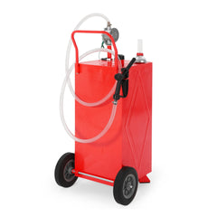 Garvee 35 Gallon Portable Fuel Gas Caddy Storage Tank – Manual Rotary Hand Pump, Fuel Hose, Wide Fill Neck, Level Gauge, Vented Cap, Grounding Clamp, Rolling Wheels – Gasoline/Fuel Transfer Tank for ATV, Tractor, Lawn Mower, Car, Boat – Reinforced 2-wheel - Red