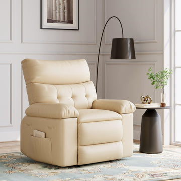 Garvee Oversized Manual Recliner, Breathable Leather Pushback Recliner Chair, Single Lazy Sofa Chair with Two Cup Holders and Side Pocket, Living Room Recliner, Beige