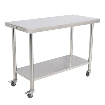 GARVEE 48"L x 24"W x 35"H Stainless Steel Work Table - Heavy-Duty Prep Table with Undershelf, Wheels, and Hooks for Kitchen and Restaurant Use