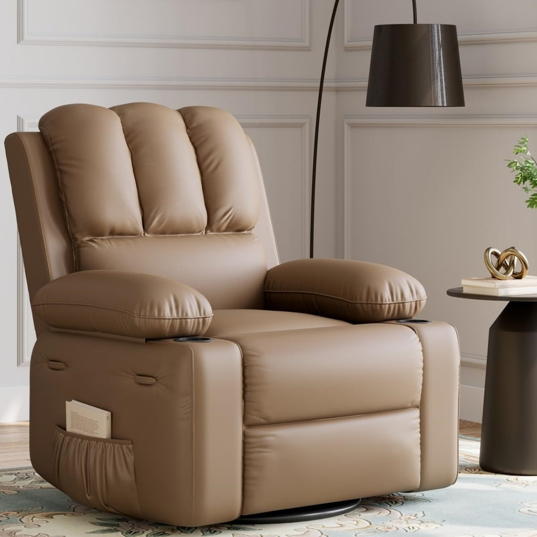 Garvee Oversized 27" Recliner Chairs with Heat and Massage - 360° Swivel Lazy Boy Recliner Chair for Adults- Manual Rocking Chair with Cup Holder for Living Rooms, Bedrooms and Nurseries - Tan