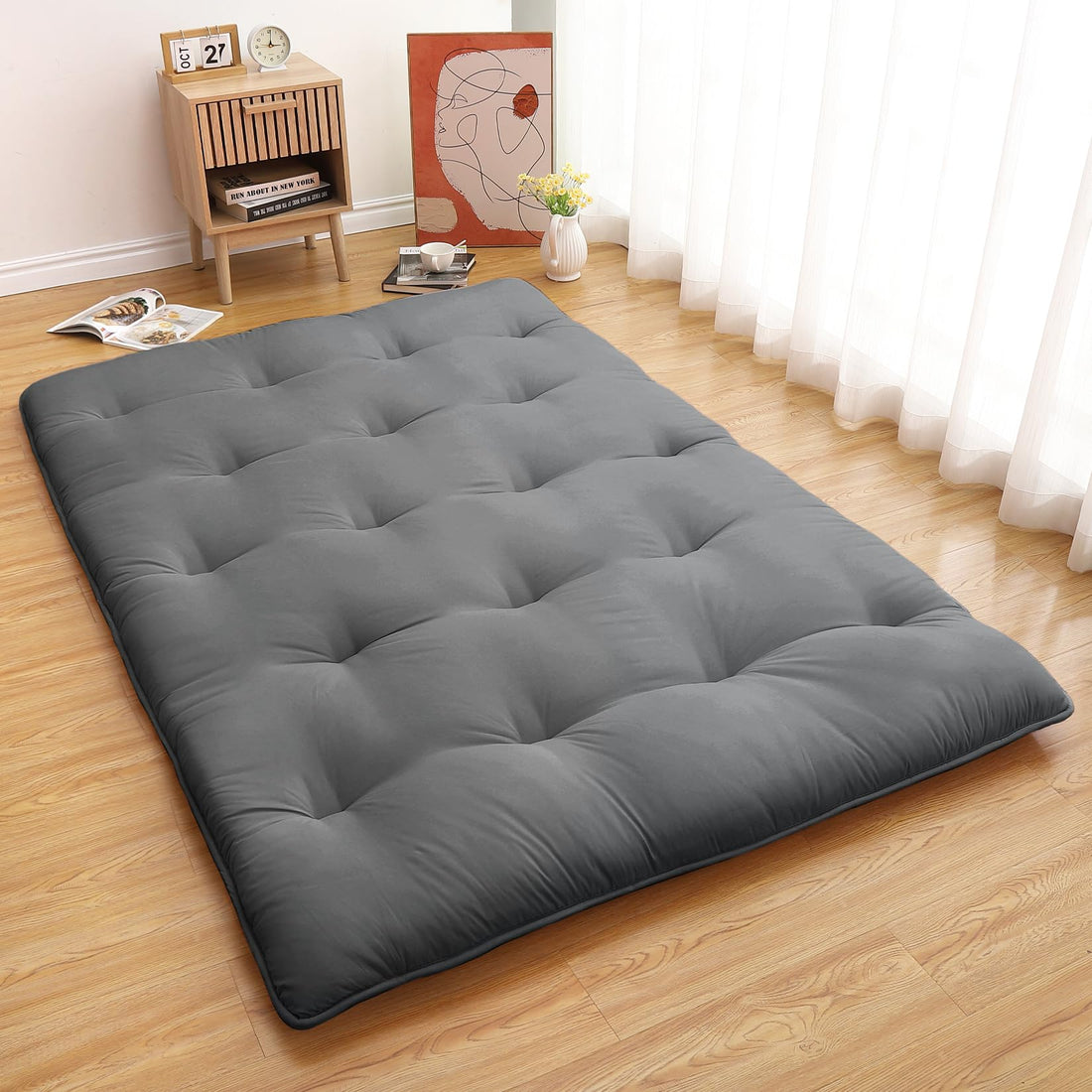 Garvee Futon Mattress, Japanese Floor Mattress Full Size Floor Mat for Sleeping Adult Size, Foldable Tatami Mattress Roll Up Floor Bed Mattress for House Guest Camping Dorm, Dark Grey