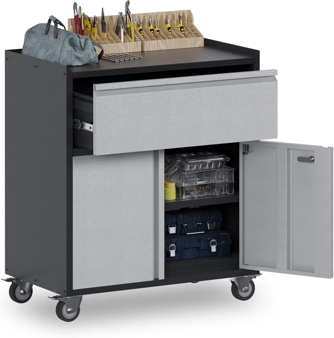 Garvee Storage Cabinet Tool Cart with 1 Drawer, Heavy-Duty Rolling Tool Box, Metal Construction, Locking Swivel Casters, Smooth Drawer Slides, Garage & Workshop Use