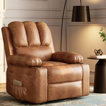 Garvee Oversized 27" Recliner Chairs with Heat and Massage, 360° Swivel Lazy Boy Recliner Chair for Adults, Manual Rocking Chair with Cup Holder for Living Rooms, Bedrooms and Nurseries, Retro Brown