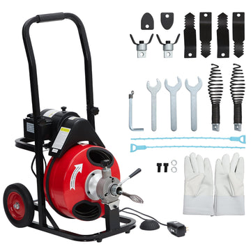Garvee Auto Feed 100 FT x 1/2 Inch Drain Cleaner Machine with 250W Motor, Portable Sewer Snake Auger with 8 Cutters & Air-activated Foot Switch, Fits 1" to 4" Pipes, Black & Red