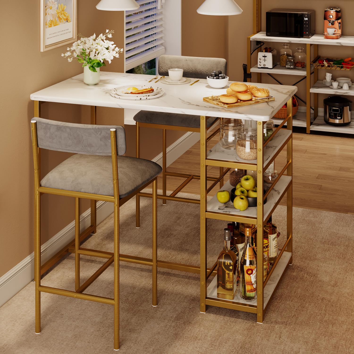 Garvee Dining Table Set for 2, Kitchen Table Set, Dining Room Table Set with 2 Velvet Upholstered Bar Chairs, 3 Piece Counter Height Table Set for Small Space, Apartment, White