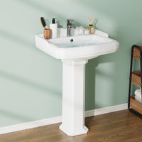 Garvee Vintage Bathroom Pedestal Sink, 19"L x 23" W Retro White Bathroom Sink With Overflow Hole, Freestanding Ceramic Sink With Single Hole