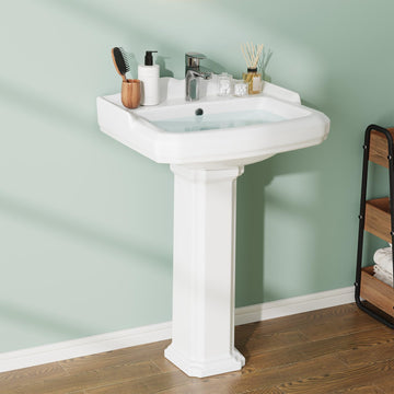 Garvee Vintage Bathroom Pedestal Sink, 19"L x 23" W Retro White Bathroom Sink With Overflow Hole, Freestanding Ceramic Sink With Single Hole