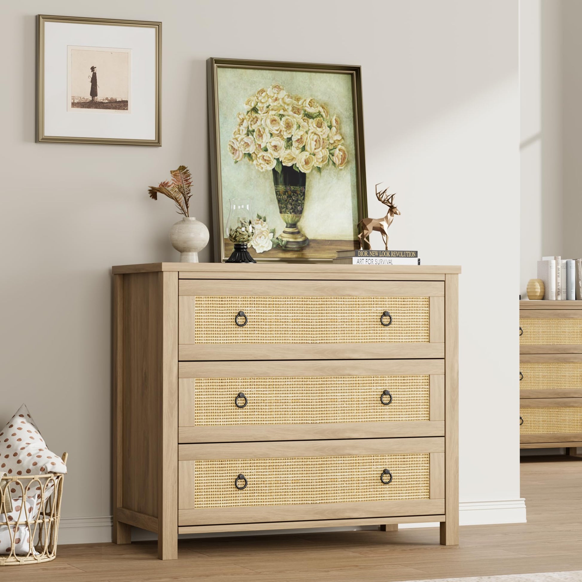 Garvee Rattan 3 Dresser for Bedroom, 29" Tall Dresser, Boho Tall Drawer Dresser with Storage, Wooden Closet Dressers Chest of Drawers Freestanding for Garvee Rattan 3 Dresser for Bedroom, 29" Tall Dresser, Boho Tall Drawer Dresser with Storage, Wooden Closet Dressers Chest of Drawers Freestanding for