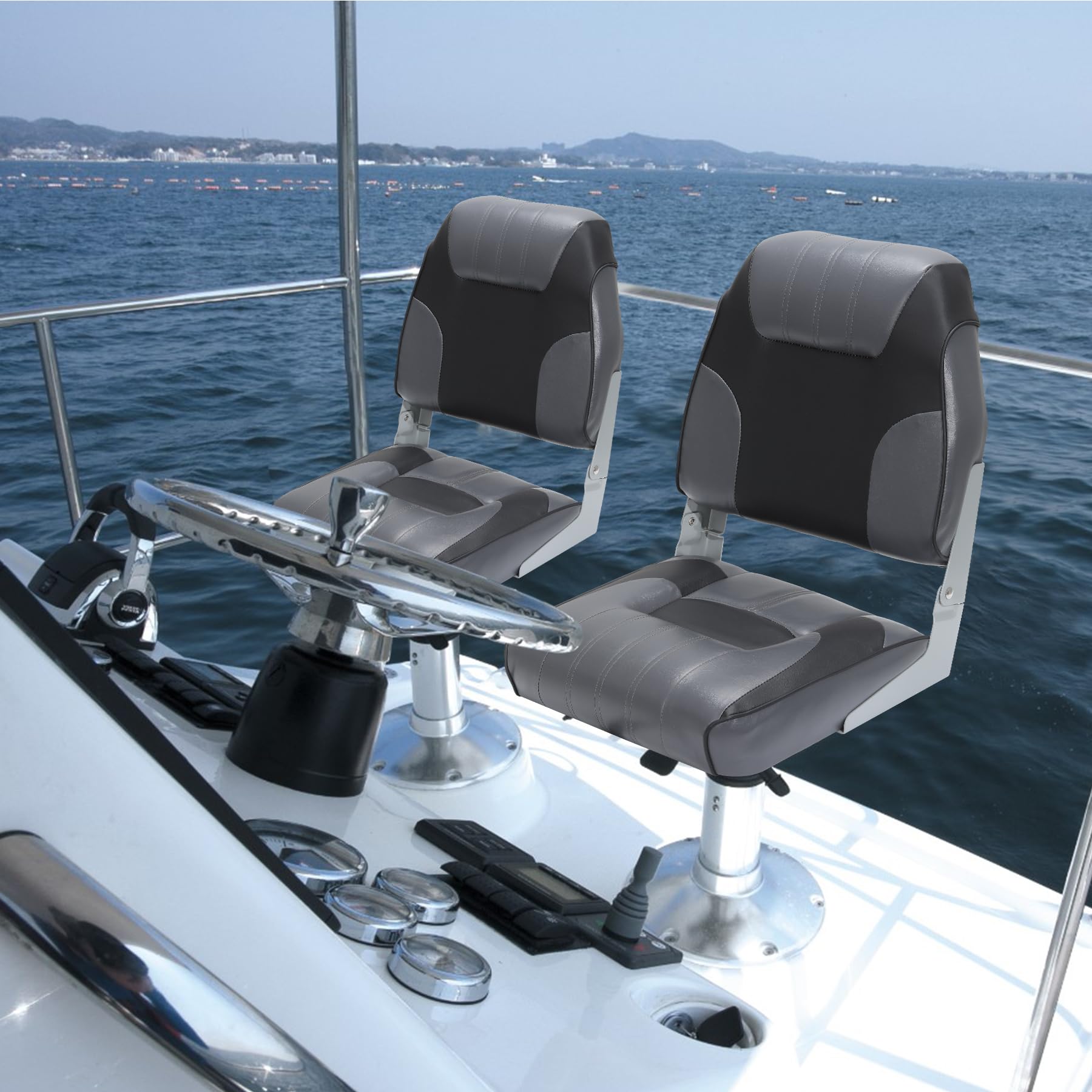 Garvee 2 Pack Folding High Back Boat Seats + Thickened Sponge Padding + Stainless Steel Screws + Waterproof PVC + Aluminum Hinges + 5" x 5" Bolt Hole Pattern + Fishing, Sightseeing