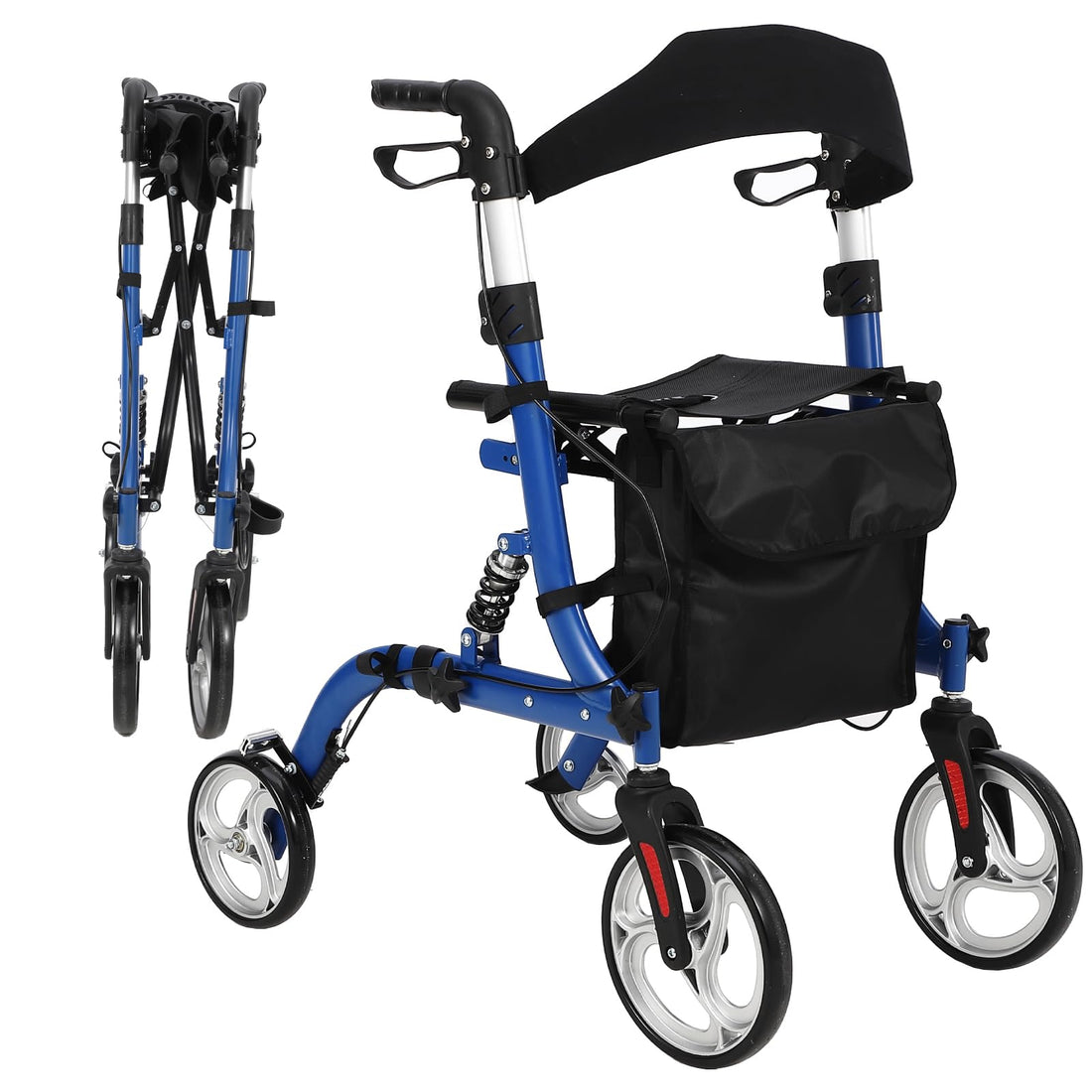 Garvee Rollator Walker for Seniors with Seat & Storage Bag, Shock Absorber, 10" & 8" All-Terrain Rubber Wheels, Lightweight Aluminum Foldable Walker with Backrest, Adjustable Height 34-40", Blue