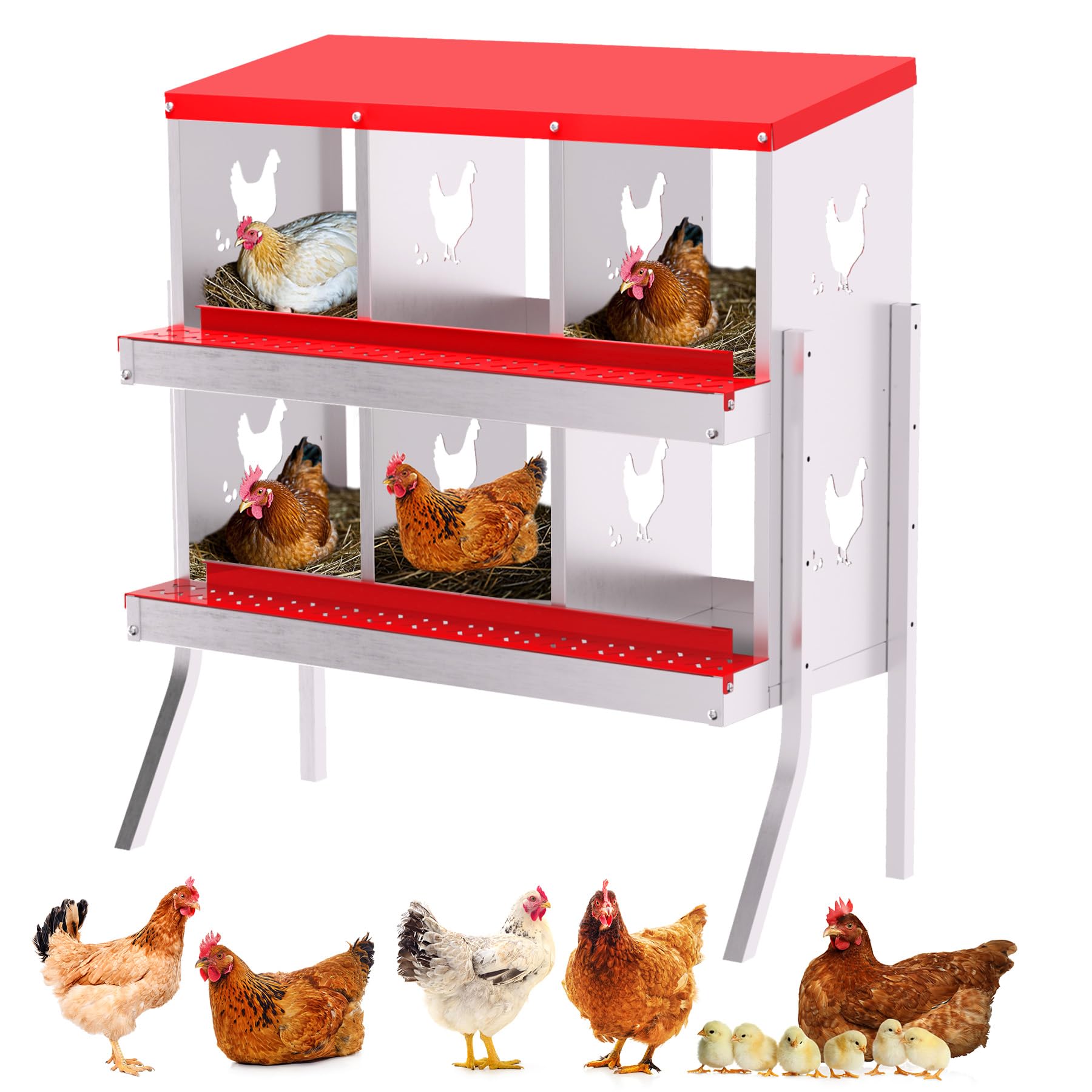 Garvee 6 Compartments Metal Chicken Nesting Boxes, Nesting Boxes with Metal Legs, Chicken Laying Box with Roll Out Egg Collection with Vented Holes