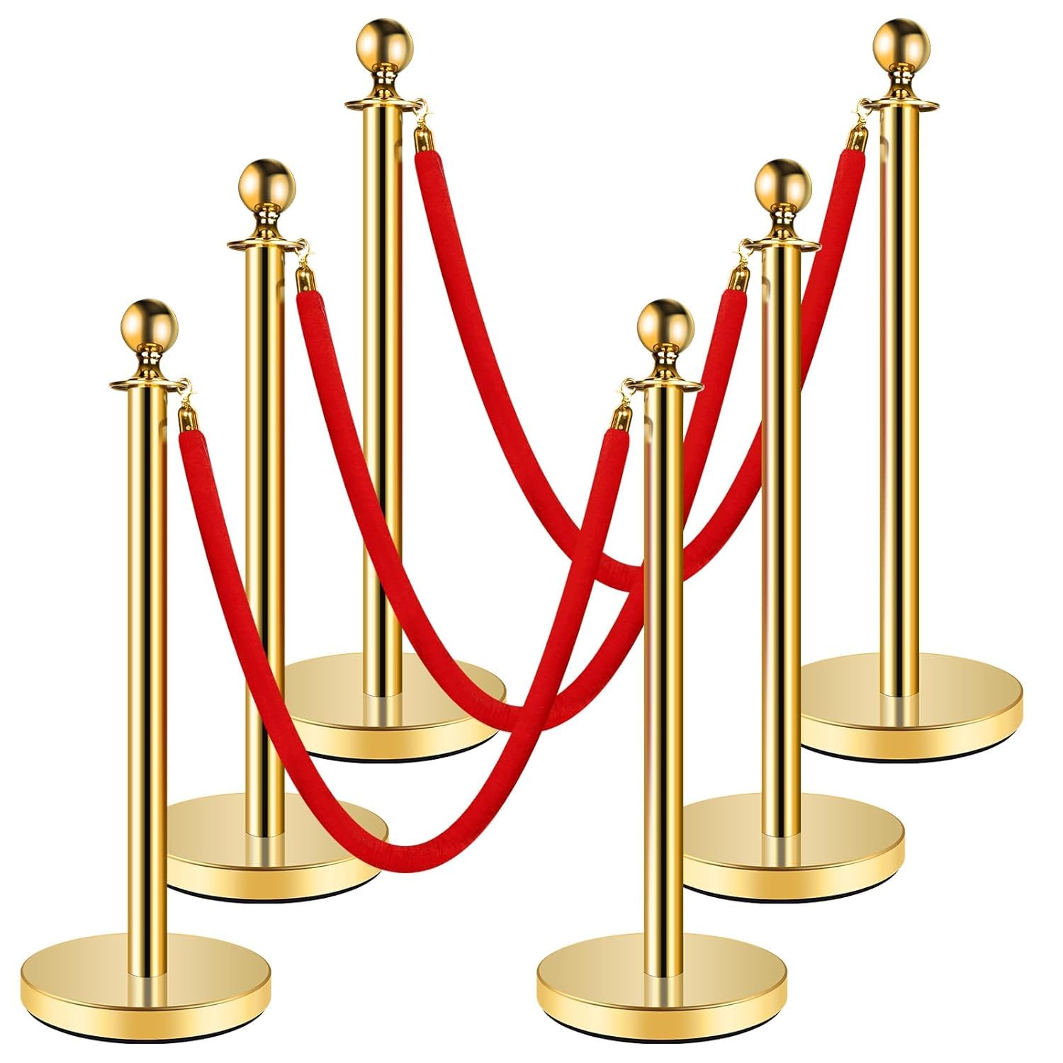 Garvee 6 Pcs Gold Stanchions Posts, Stainless Steel Stanchion with 6.6ft Red Velvet Rope, Crowd Control Barriers with Ball Top and Fillable Concrete Base for Party Supplies