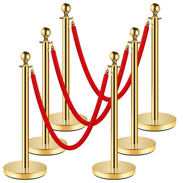 Garvee 6 Pcs Gold Stanchions Posts, Stainless Steel Stanchion with 6.6ft Red Velvet Rope, Crowd Control Barriers with Ball Top and Fillable Concrete Base for Party Supplies