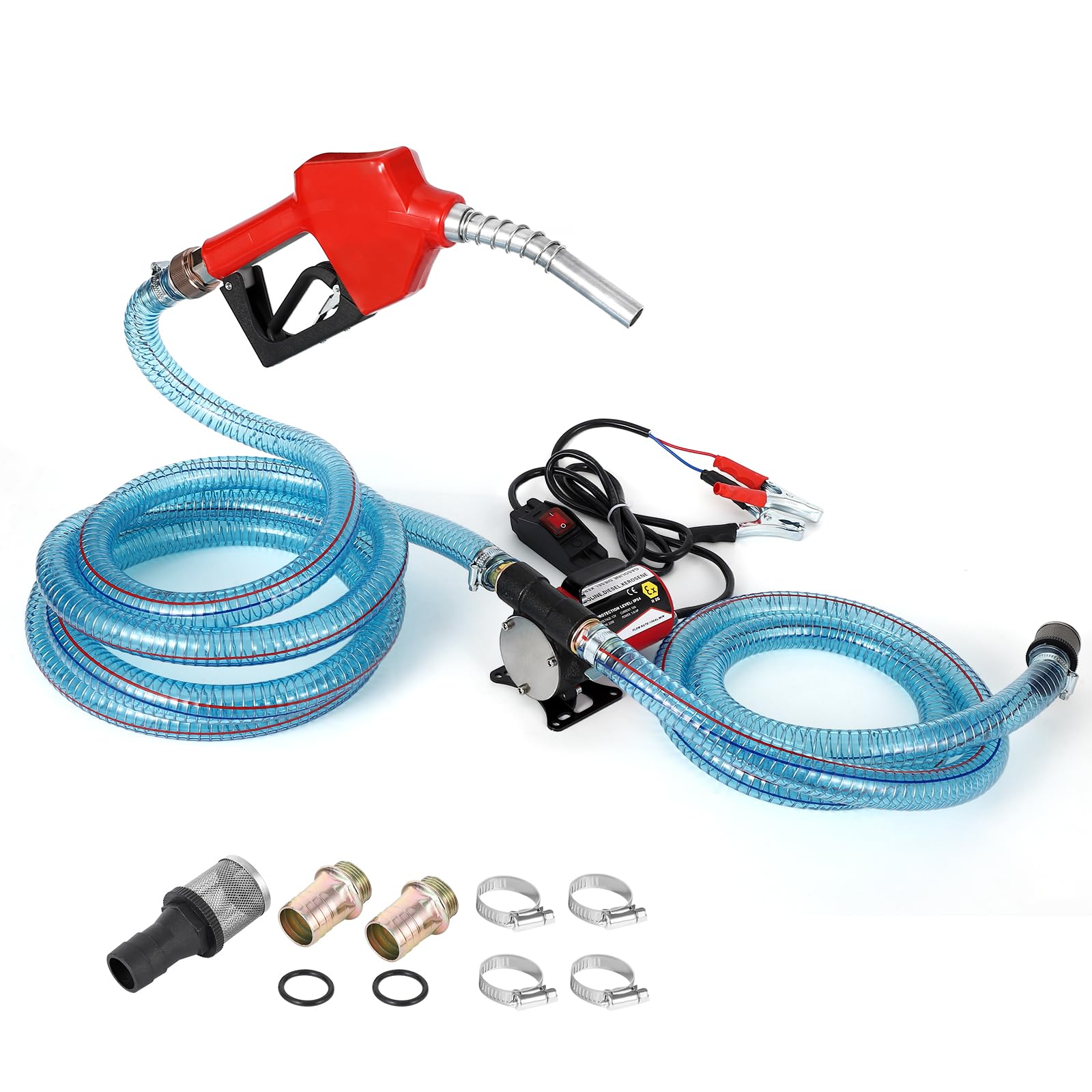 Garvee Fuel Transfer Pump DC 12V Diesel Transfer Pump with Nozzle Hose Cast Iron Gasoline Transfer Pump, 8GPM, Overheating Stability, Applicable to Gasoline, Diesel, Clear