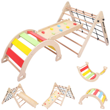 Garvee Toddler Indoor Gym Playset, 3 in 1 Wooden Climbing Toys, 3-Sided Wooden Triangle Climber with Climbing Net, Sliding Ramp & Board for Kids Boys Girls Indoor Gym Playset Gift, Home & Daycare