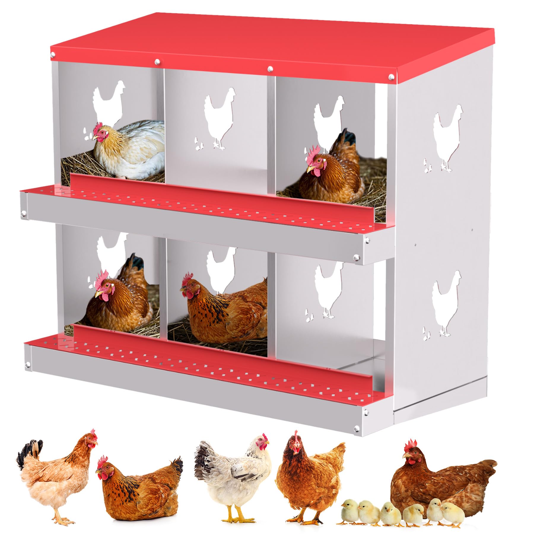 Garvee 6 Compartments Metal Chicken Nesting Boxes, Nesting Boxes, Chicken Laying Box with Roll Out Egg Collection with Vented Holes