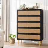 Garvee 5 Drawer Dresser for Bedroom, Rattan Chest of Drawers with Deep Drawers, Large Modern Double Dresser for Closet with Wide Top, Horizontal Wooden Dresser for Living Room, Hallway, Kids Room, Black - Black