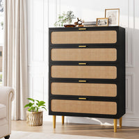 Garvee 5 Drawer Dresser for Bedroom, Rattan Chest of Drawers with Deep Drawers, Large Modern Double Dresser for Closet with Wide Top, Horizontal Wooden Dresser for Living Room, Hallway, Kids Room, Black