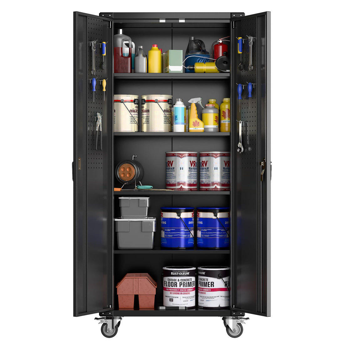 Garvee 72" Locking Rolling Cabinet with Pegboard Doors, 4 Adjustable Shelves, Heavy-Duty Cold-Rolled Steel, Lockable Wheels, Scratch-Resistant, Garage Workshop Storage, Black